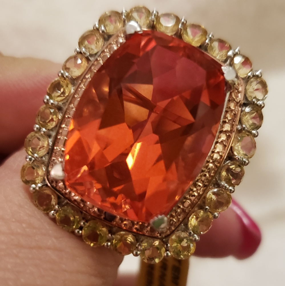 Size 10, Sterling Silver Sunfire Quartz, Citrine, White&Red Diamond Accents Ring